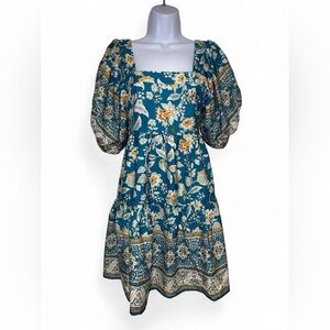 teal milkmaid style floral mini dress with puff sleeves